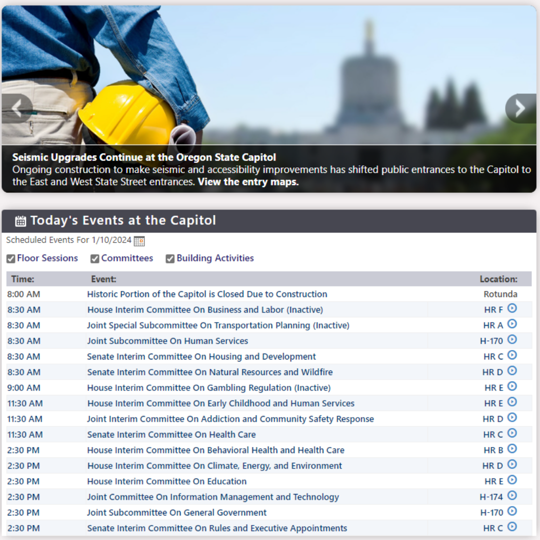 Screenshot of oregonlegislature.gov showing the "Today's Events" widget