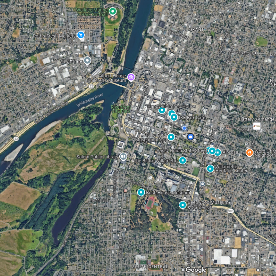A google maps image of the downtown Salem ara with various landmarks highlighted with blue dots.