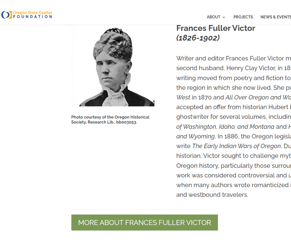 screenshot of a web page showing the Oregon State Capitol Foundation logo showing an entry in the Capitol Names Project