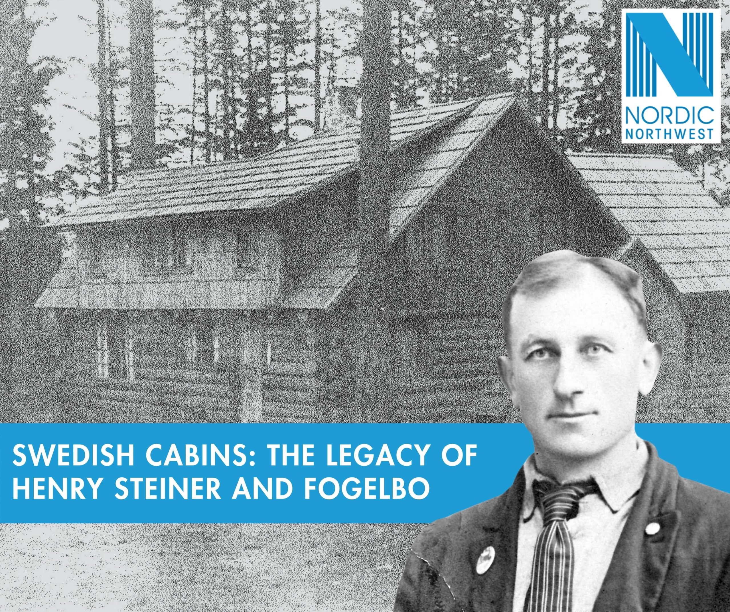 A black and white photograph of a log cabin and of Henry Steiner