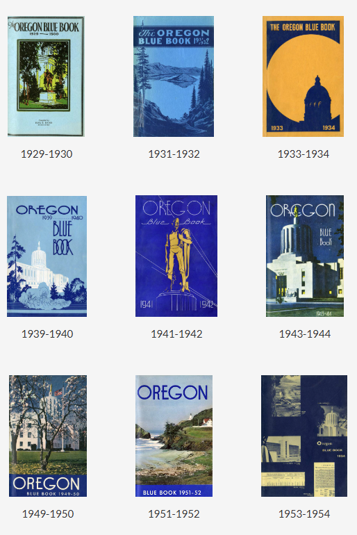 Covers of 9 Oregon Blue Books from the past