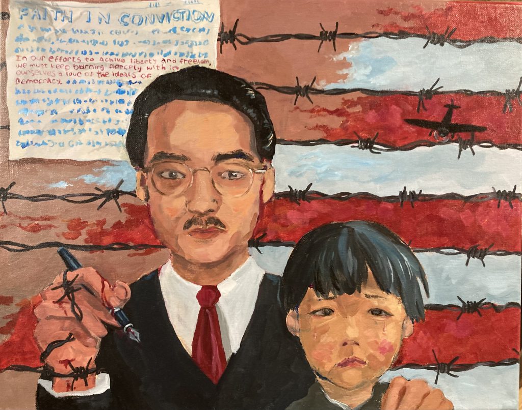 A painting of a Japanese man and child in front of a tattered American flag.