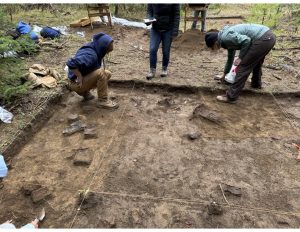 three people in a large dirt pit excavating an archaeological site