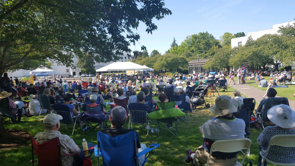Audience enjoys free concert in the park.