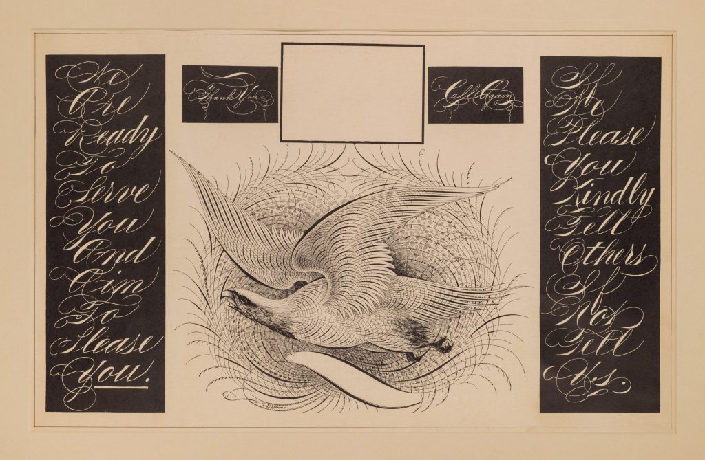 A hand scripted dove with calligraphy surrounding it